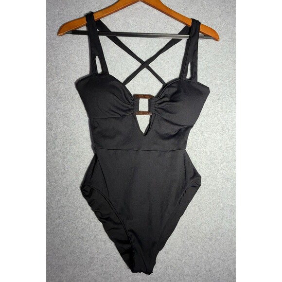 True Fitty One Piece Swimsuit Women’s Large Black Criss Cross Cutout NWT - Picture 1 of 9